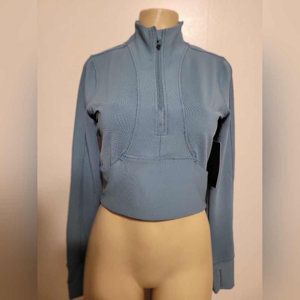 90 Degree By Reflex Light Blue Cropped Zip-Up Top